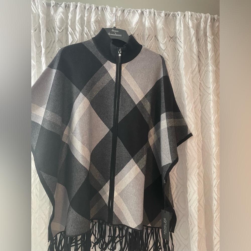 Rachel Zoe Plaid full zippered poncho with fringe